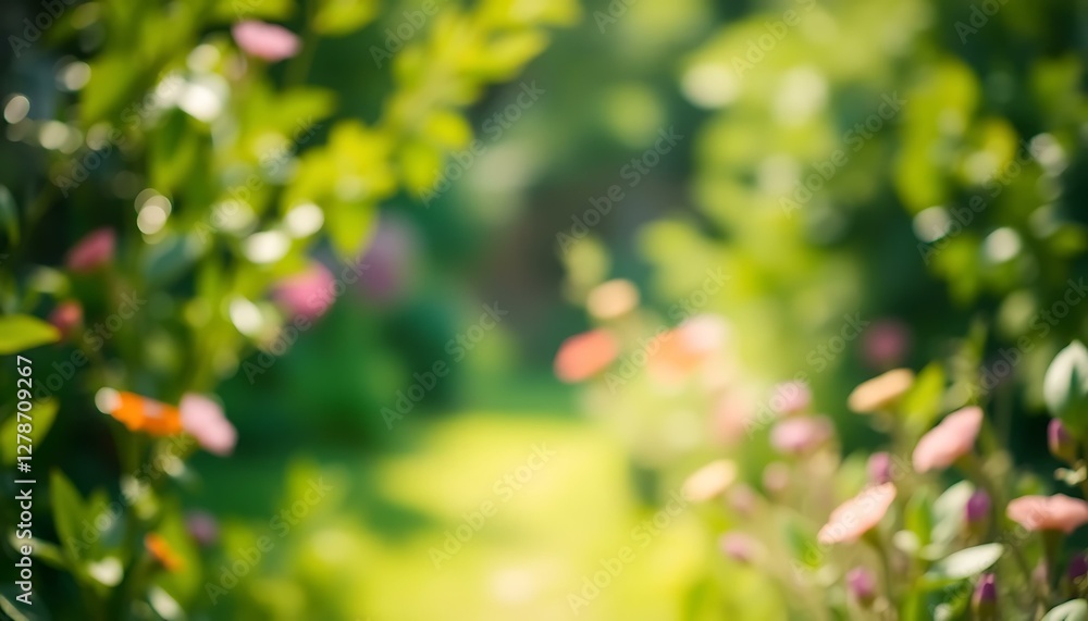Serene Spring Garden: Blurred Background of Blossoms & Greenery Serene Spring Garden: Blurred Background of Blossoms & Greenery