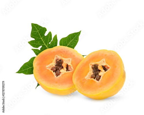ripe papaya fruit with seeds isolated on white background. full depth of field