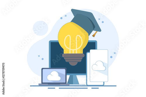 Online education concept, Bachelor's hat on light bulb with computer, smartphone, tablet, online courses, distance learning, self-education, digital library. Digital marketing illustration.
