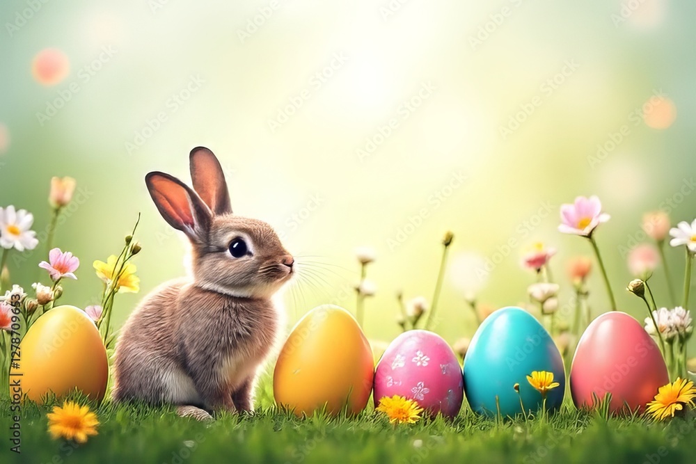 Fototapeta premium Cute Easter Bunny with Colorful Eggs and Flowers in a Spring Meadow