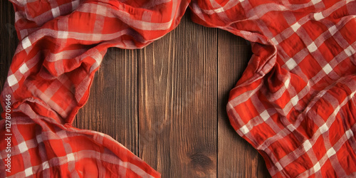 Red Gingham Fabric on Wood ...