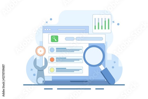 Technical SEO concept, Website optimization for search engines, loading speed, website analysis, Website bug fixes, technical problem solving. Vector illustration background with icons.