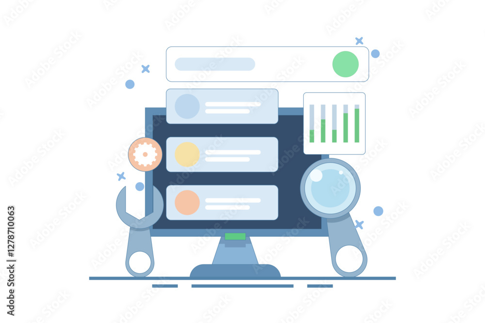 Technical SEO concept, Website optimization for search engines, loading speed, website analysis, Website bug fixes, technical problem solving. Vector illustration background with icons. Technical SEO concept, Website optimization for search engines, loading speed, website analysis, Website bug fixes, technical problem solving. Vector illustration background with icons.