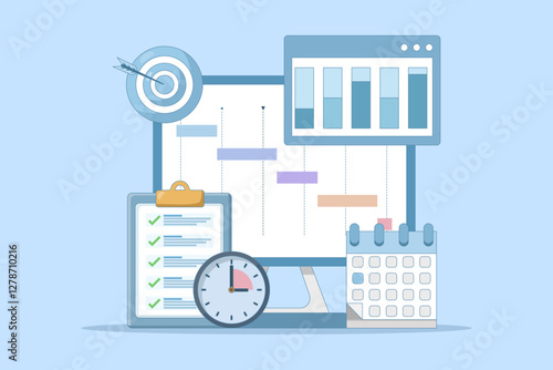 Project Management Concept, software development planning, resource and budget planning, project schedule diagram, gantt chart for work deadline, project management software. flat vector illustration.
