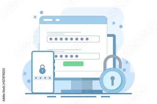 Two-step verification concept to protect personal data. User authorization, login authentication and information protection. Flat Cartoon Vector Illustration, icon. Stylish abstract web design.