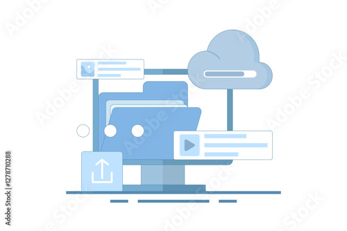 Cloud service concept. Data storage. Files uploaded to cloud storage. Uploading files, storage and processing of scene data sets. Flat Cartoon Vector Illustration on background.