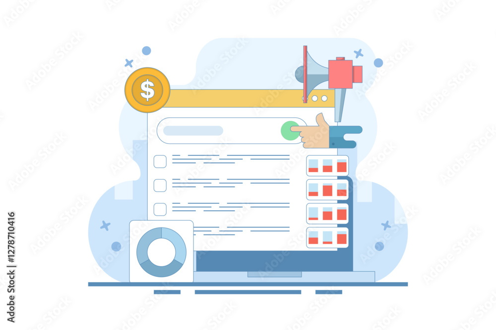 SEO Analysis Concept, SEO tool showing website statistics, and digital marketing strategy analysis with graphs and charts. Flat design vector illustration with icons. SEO Analysis Concept, SEO tool showing website statistics, and digital marketing strategy analysis with graphs and charts. Flat design vector illustration with icons.
