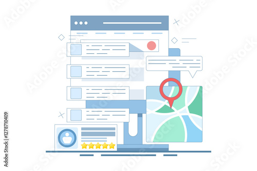 SEO Optimization Concept, Business address in search engine map, Website SEO, Store location in search results. Sitemap creation process. Flat vector illustration on background.