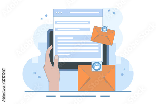 Email marketing concept, Send Email, Send email message, Contact us page on website, Contact us online form, Email communication for business. flat vector illustration on background.