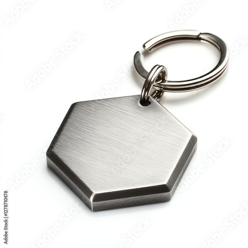 Hexagonal metallic keychain on a white isolated background. photo