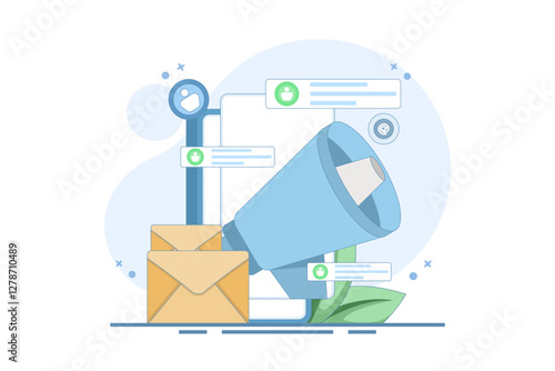 Email marketing concept, Online business strategy, Advertising, Email newsletter, sending messages, marketing materials for landing pages, web banners, social media, infographics. Flat illustration.