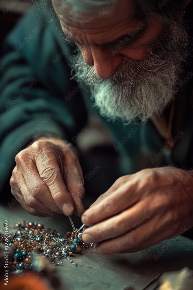 Obraz premium Senior man crafting handmade jewelry with beads and wire, focused artisan at work, traditional craft skills, creative hobby and handmade art process.