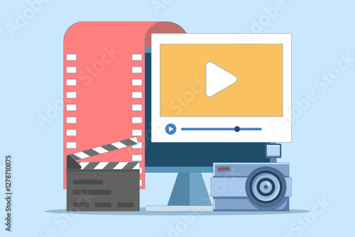 Video film editing concept created on pc computer, vector flat graphic illustration, online motion content production, digital montage image, clip art, animation studio design. flat illustration.