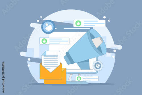 Email marketing concept, Online business strategy, Advertising, Email newsletter, sending messages, marketing materials for landing pages, web banners, social media, infographics. Flat illustration.