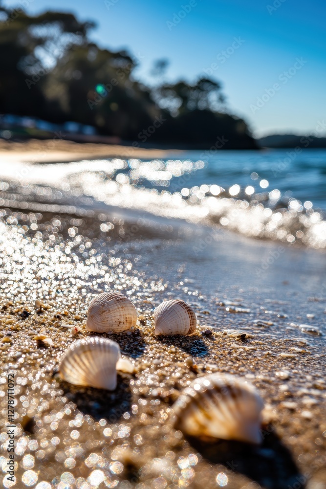 Fototapeta premium Seashells on sandy beach with gentle waves, sunlit seaside landscape capturing summer vacation, coastal relaxation and natures beauty.