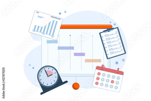 Project Management Concept, software development planning, resource and budget planning, project schedule diagram, gantt chart for work deadline, project management software. flat vector illustration.