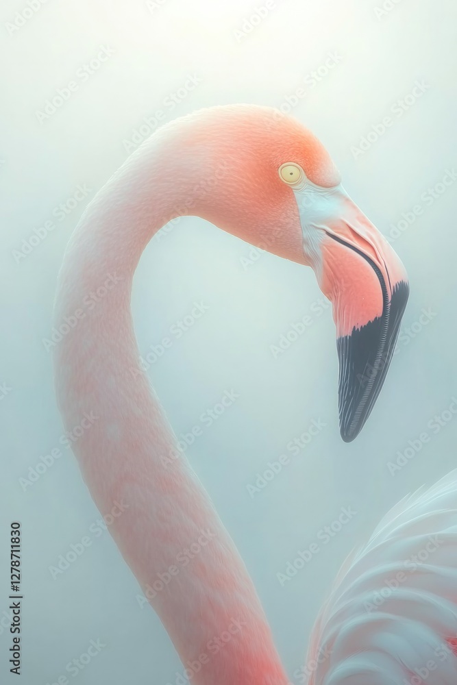 Naklejka premium Elegant flamingo gracefully poses amidst soft misty backdrop, sh