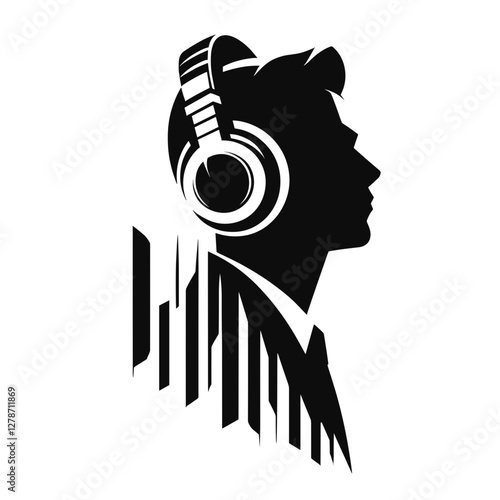 Music producer listening with headphones silhouette