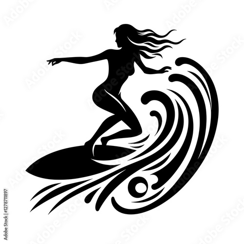 Female surfer riding a wave silhouette