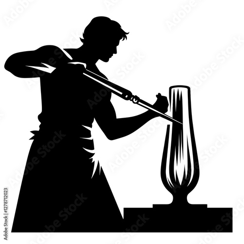 Glassblower shaping molten glass silhouette