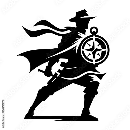 Adventurer with compass and cape silhouette