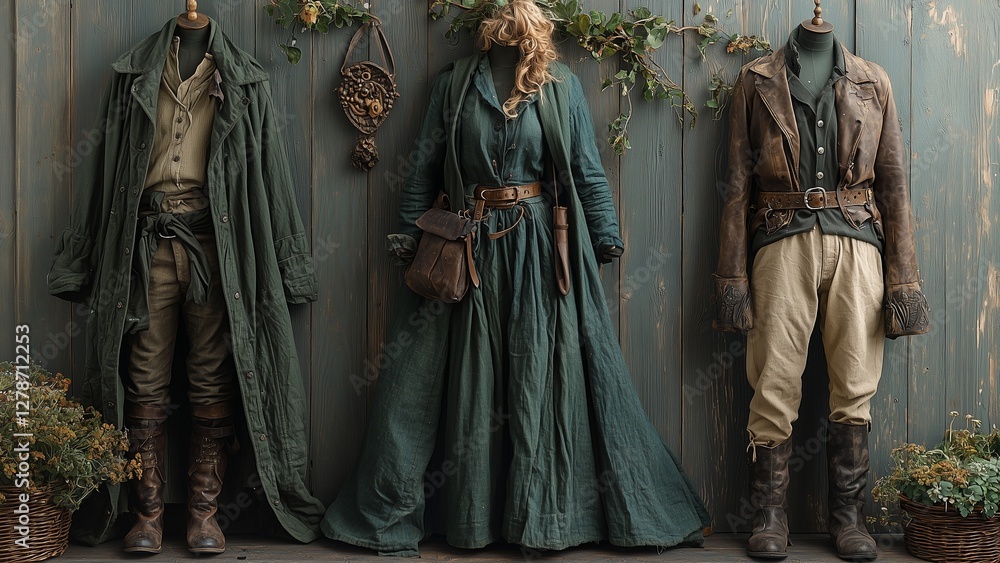 Naklejka premium A collection of rustic, medieval-inspired outfits featuring natural fabrics, earthy tones, and carefully crafted details. The ensemble includes a flowing green dress with a leather belt and pouch, a r