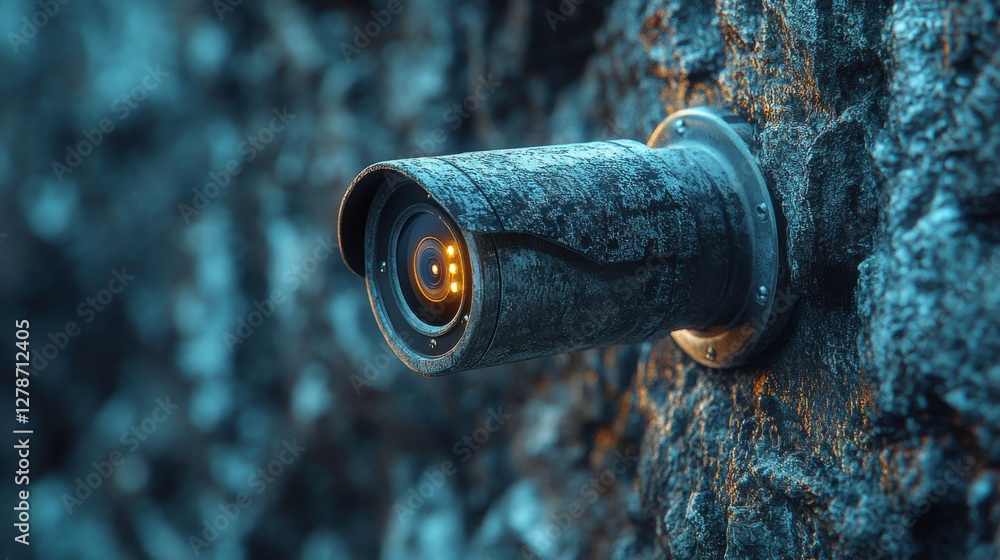 A close-up of a weathered surveillance camera mounted on a textured wall, capturing a blend of industrial and technological elements. A close-up of a weathered surveillance camera mounted on a textured wall, capturing a blend of industrial and technological elements.