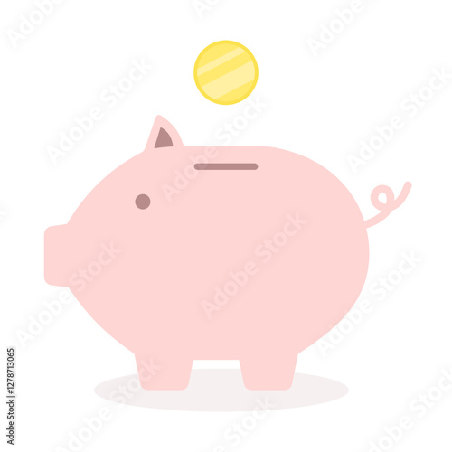 Piggy bank with coin.Money saving, fund investment cute cartoon flat design isolated on white background.Vector graphic illustration.