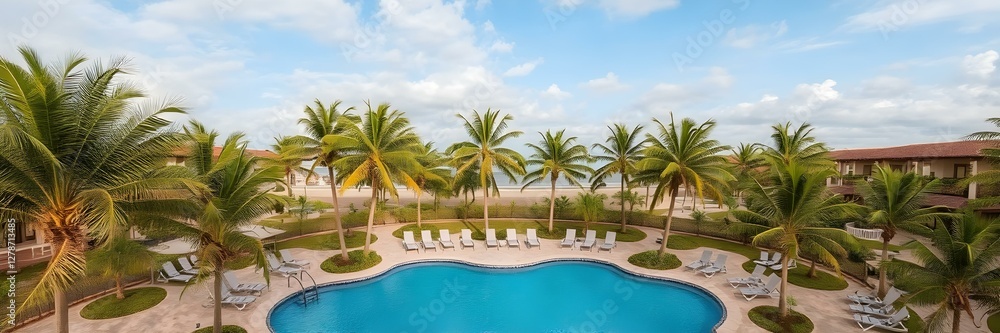 Obraz premium Paradise Found: A breathtaking aerial view of a luxurious resort, boasting a sparkling swimming pool and lush palm trees under a bright blue sky, offers a glimpse of idyllic vacation