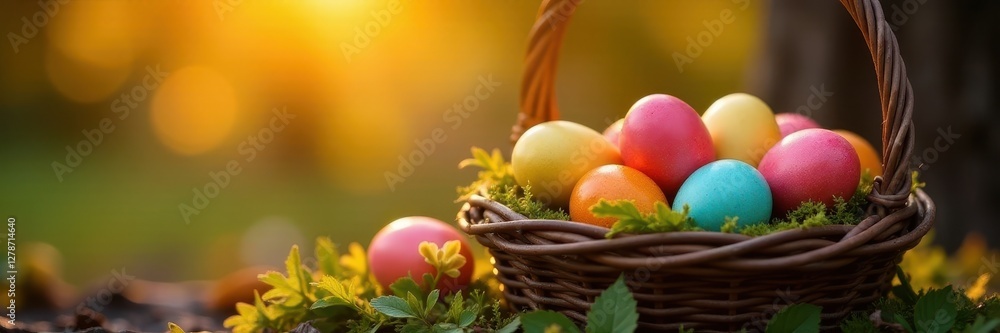 Golden hour illuminates vibrant eggs nestled in rustic basket, idyllic, sunshine Golden hour illuminates vibrant eggs nestled in rustic basket, idyllic, sunshine
