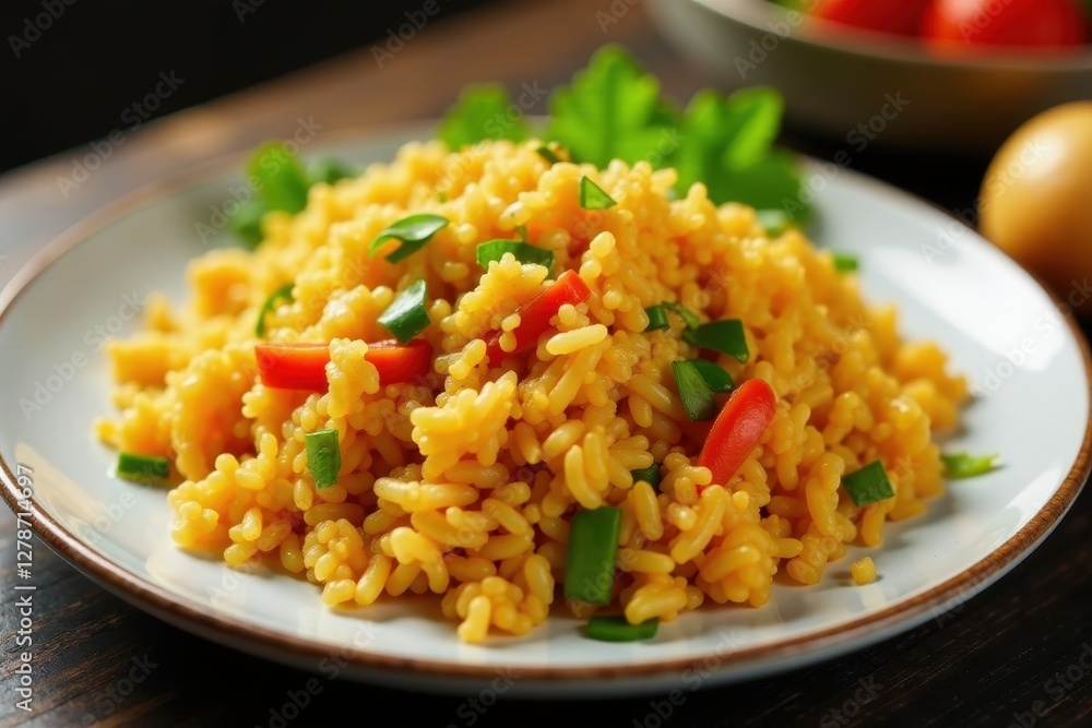 Golden fried rice, vibrant veggies, on a plate, japan, garnish Golden fried rice, vibrant veggies, on a plate, japan, garnish