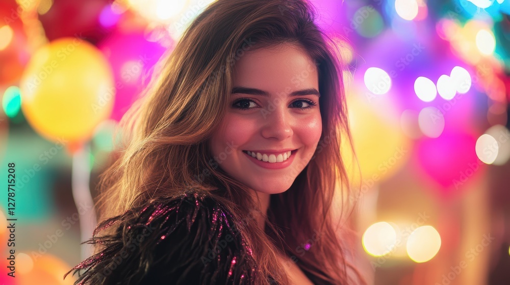Portrait of young woman smiling at party with colorful balloons and festive lights, celebrating birthday or special occasion, joyful and vibrant atmosphere. Portrait of young woman smiling at party with colorful balloons and festive lights, celebrating birthday or special occasion, joyful and vibrant atmosphere.
