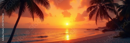 Golden sunset silhouettes palm trees on tranquil beach, peaceful, paradise, coastal scene