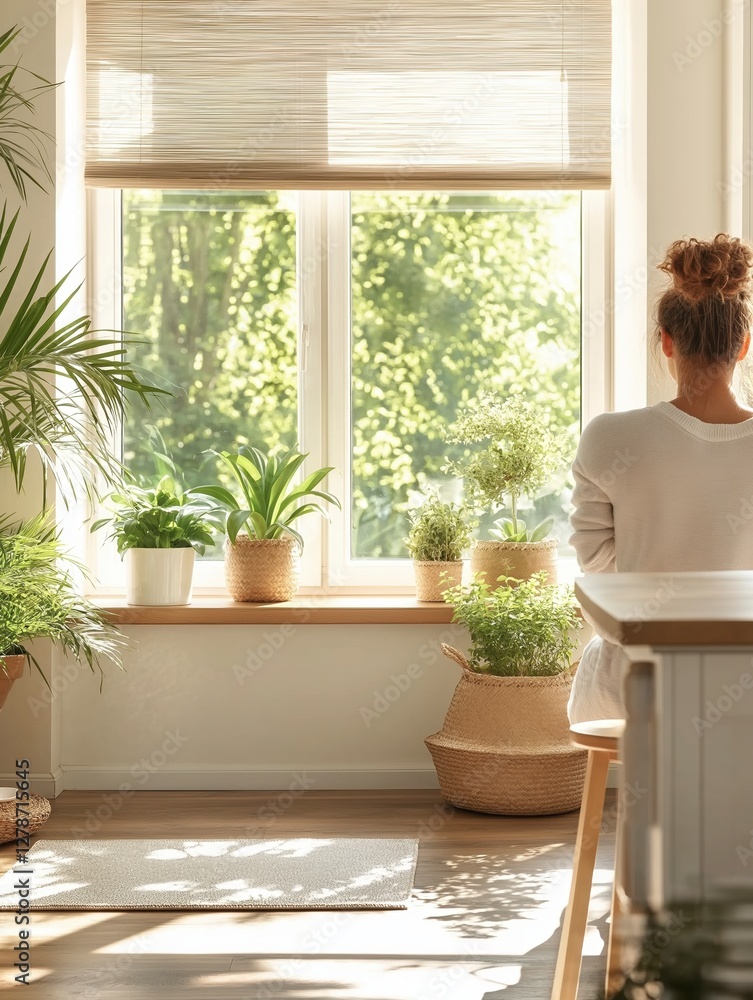 Fototapeta premium Morning light bathes a serene indoor space where a person enjoys a peaceful moment by the window adorned with greenery. Generative AI