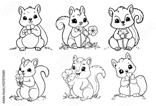 Cute squirrel coloring page vector illustration| Black and white squirrel line art
