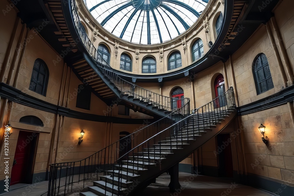 Obraz premium Grand Spiral Staircase in a Historic Building with Glass Dome
