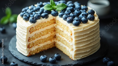 An irresistible cake with a slice cut out, showcasing its delicious layers and filling