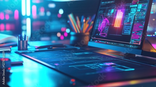 Wallpaper Mural Futuristic workspace with vibrant lighting, showcasing technology and design Torontodigital.ca