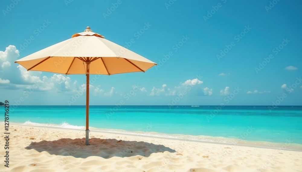 Large beach umbrella anchored in golden sand near turquoise water, golden, image, summer Large beach umbrella anchored in golden sand near turquoise water, golden, image, summer