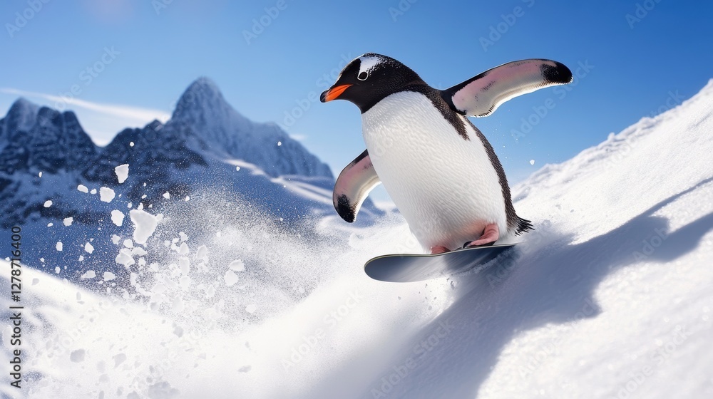 Obraz premium Penguin snowboarding down a snowy mountain slope, winter sports adventure, playful animal, outdoor fun, vibrant wildlife in nature, cold weather excitement.
