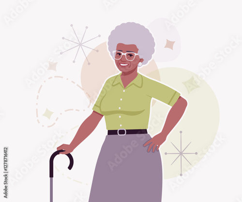 Senior woman african american old lady, kind grandmother stand pose. Experienced grandma, older elegant nice looking granny, elderly person. Vector flat style cartoon illustration, creative background