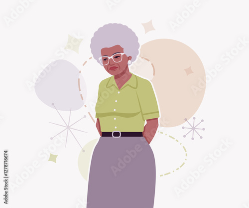 Senior woman african american old lady, kind grandmother think pose. Experienced grandma, older elegant nice looking granny, elderly person. Vector flat style cartoon illustration creative background