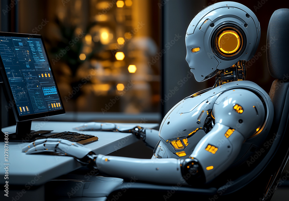 Fototapeta premium Robot is sitting at a desk with a computer monitor in front of it