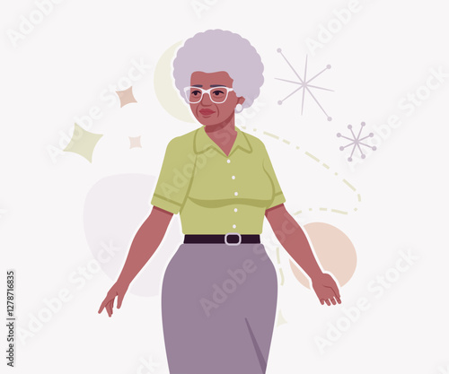 Senior woman african american old lady, kind grandmother move pose. Experienced grandma, older elegant nice looking granny, elderly person. Vector flat style cartoon illustration creative background