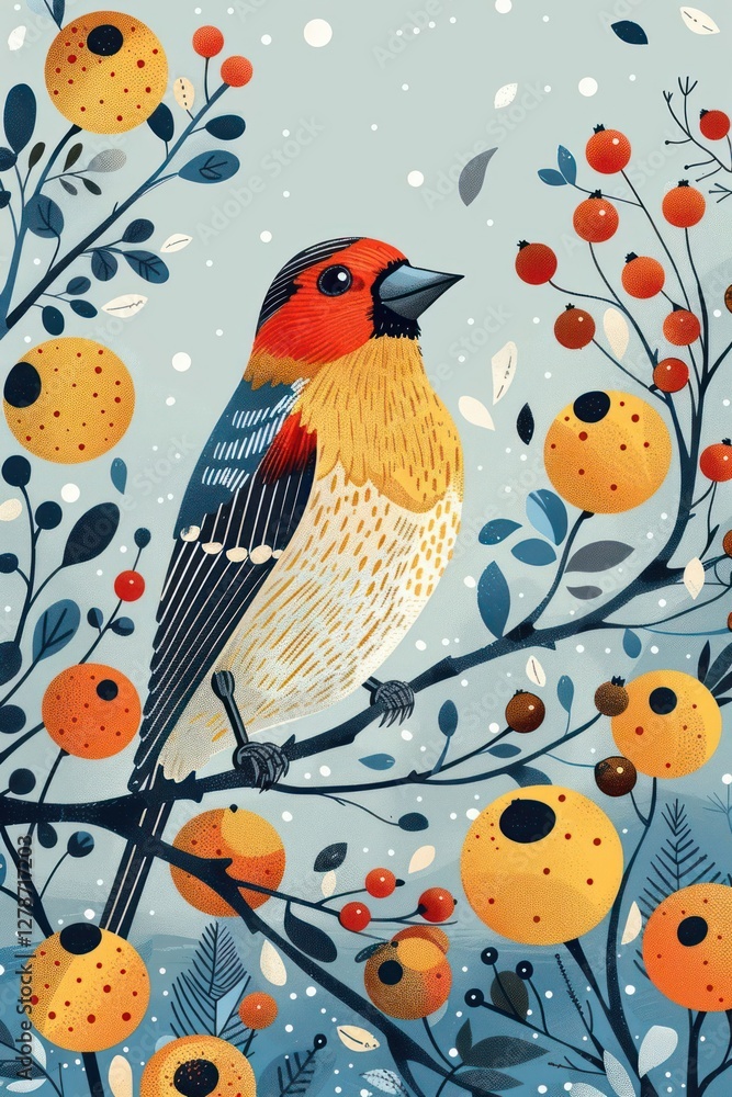 A colorful bird perched on a branch amidst vibrant foliage and berries in a whimsical style. A colorful bird perched on a branch amidst vibrant foliage and berries in a whimsical style.