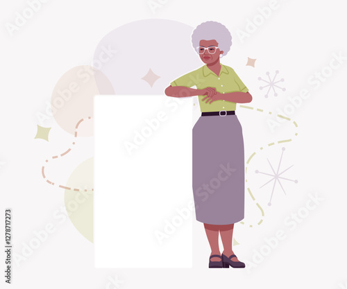 Senior woman african american old lady, kind grandmother banner stand. Experienced grandma, older elegant nice looking granny elderly person. Vector flat style cartoon illustration creative background