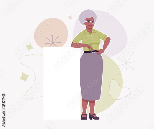 Senior woman african american old lady, kind grandmother banner stand. Experienced grandma, older elegant nice looking granny elderly person. Vector flat style cartoon illustration creative background