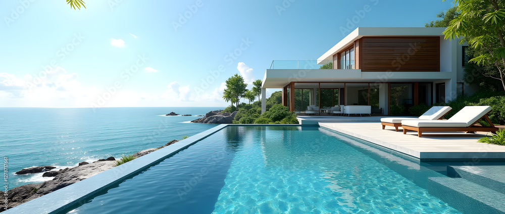 Luxury modern beachfront villa with a stunning blue pool, lush tropical garden, panoramic ocean views, and elegant contemporary architecture. Luxury modern beachfront villa with a stunning blue pool, lush tropical garden, panoramic ocean views, and elegant contemporary architecture.