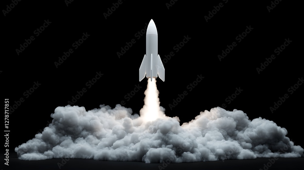 Fototapeta premium Rocket Launching into Space, A rocket launching into space, surrounded by clouds and a starry sky