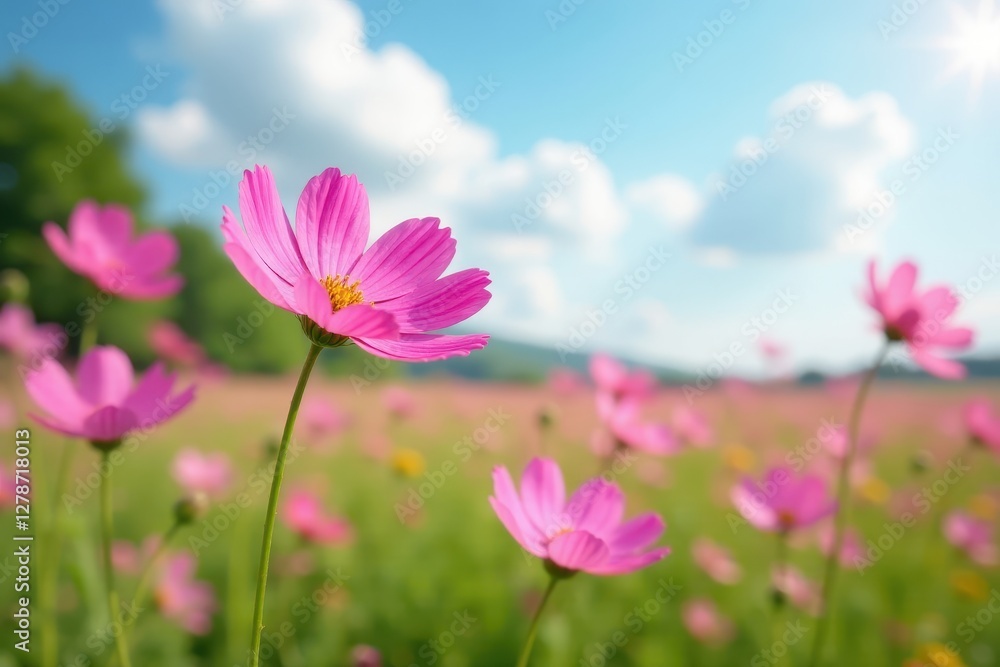 Pink cosmos flowers sway gently in a summer field , background, cosmos Pink cosmos flowers sway gently in a summer field , background, cosmos